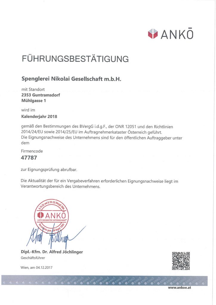 Spenglerei Nikolai ANKÖ 2018